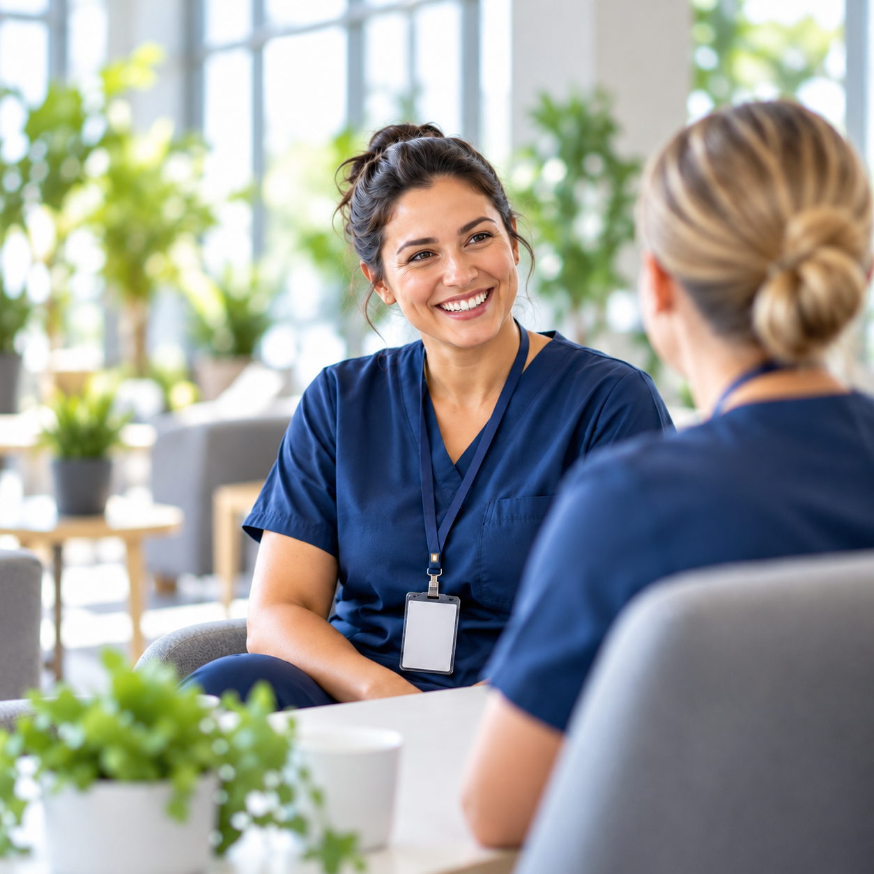 Healthcare colleagues sharing a conversation