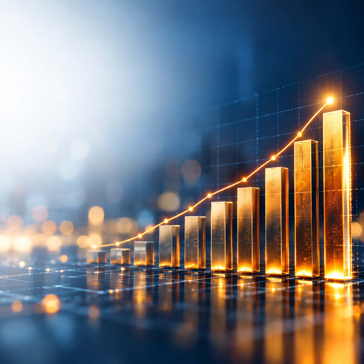 Golden rising bars and growth line