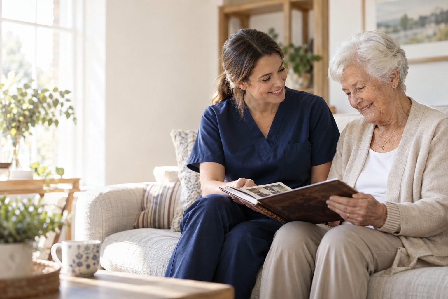 A caregiver and older adult sharing time together at home